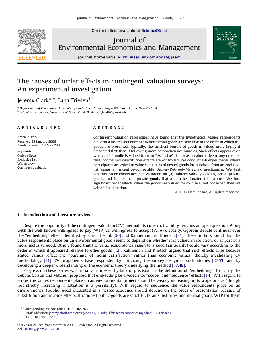 The causes of order effects in contingent valuation surveys: An experimental investigation