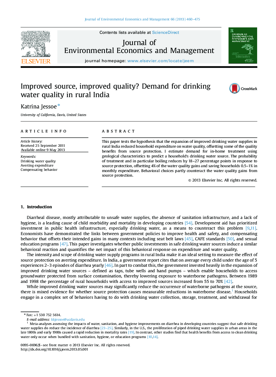 Improved source, improved quality? Demand for drinking water quality in rural India