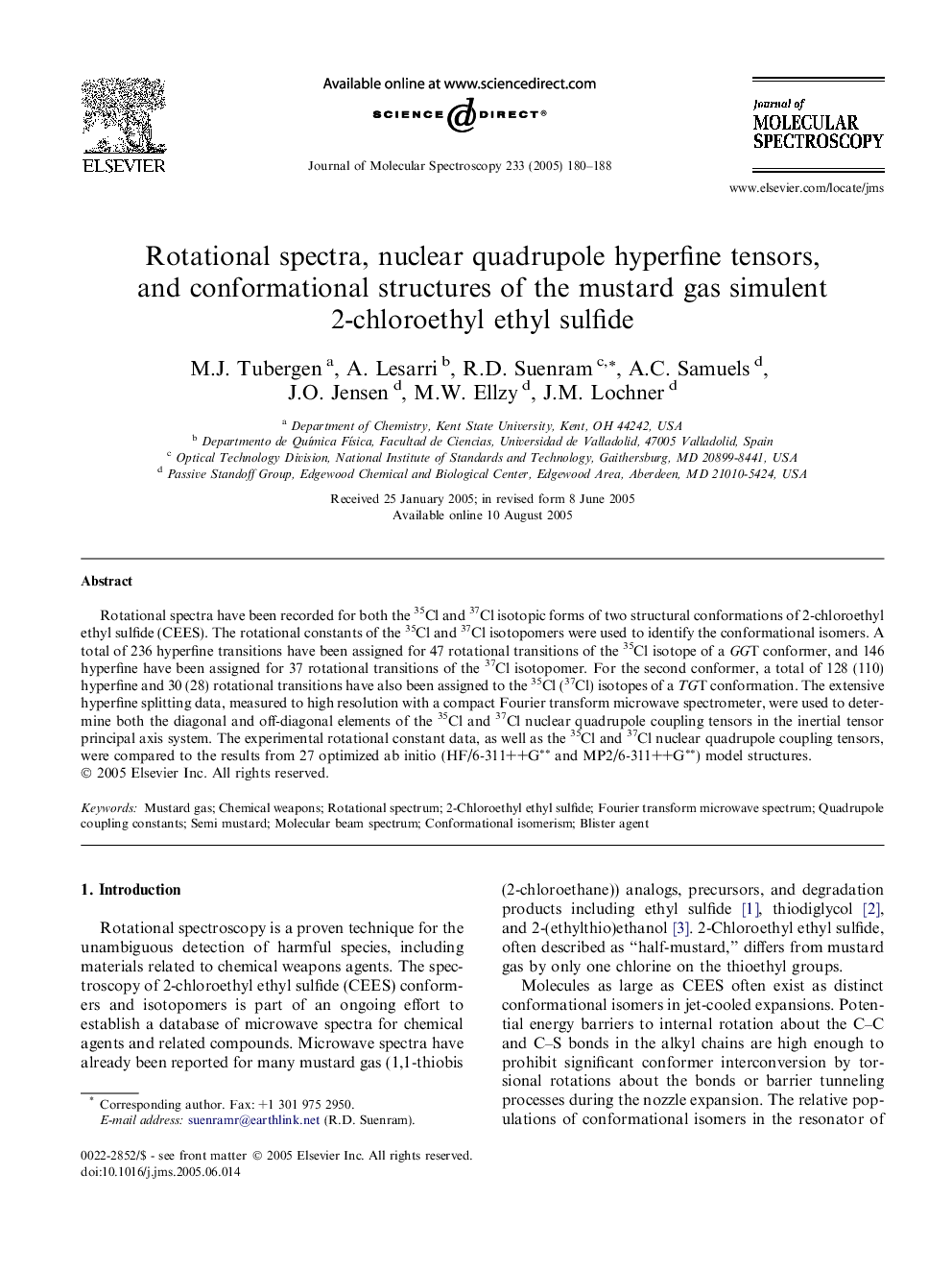 Rotational spectra, nuclear quadrupole hyperfine tensors, and conformational structures of the mustard gas simulent 2-chloroethyl ethyl sulfide