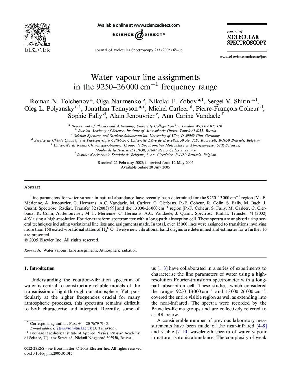 Water vapour line assignments in the 9250-26Â 000Â cmâ1 frequency range