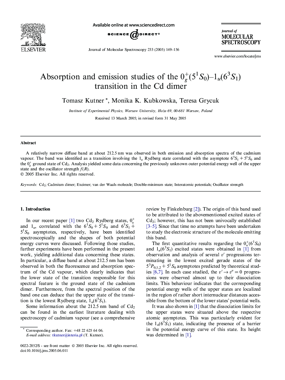 Absorption and emission studies of the 0g+(51S0)-1u(63S1) transition in the Cd dimer