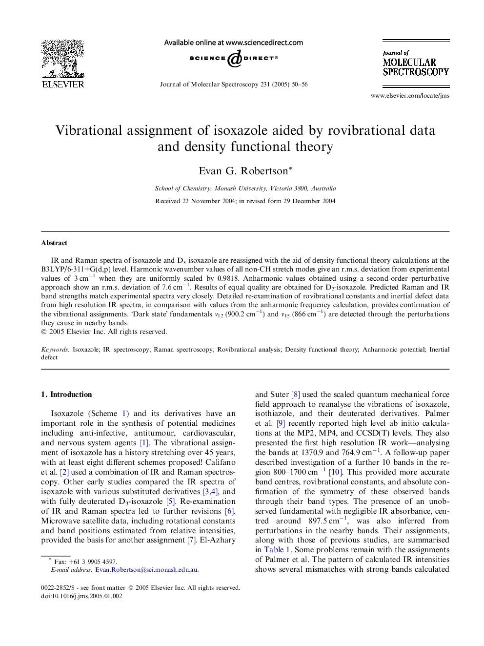 Vibrational assignment of isoxazole aided by rovibrational data and density functional theory