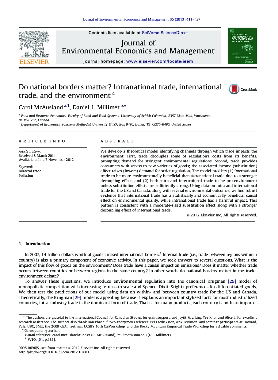 Do national borders matter? Intranational trade, international trade, and the environment 