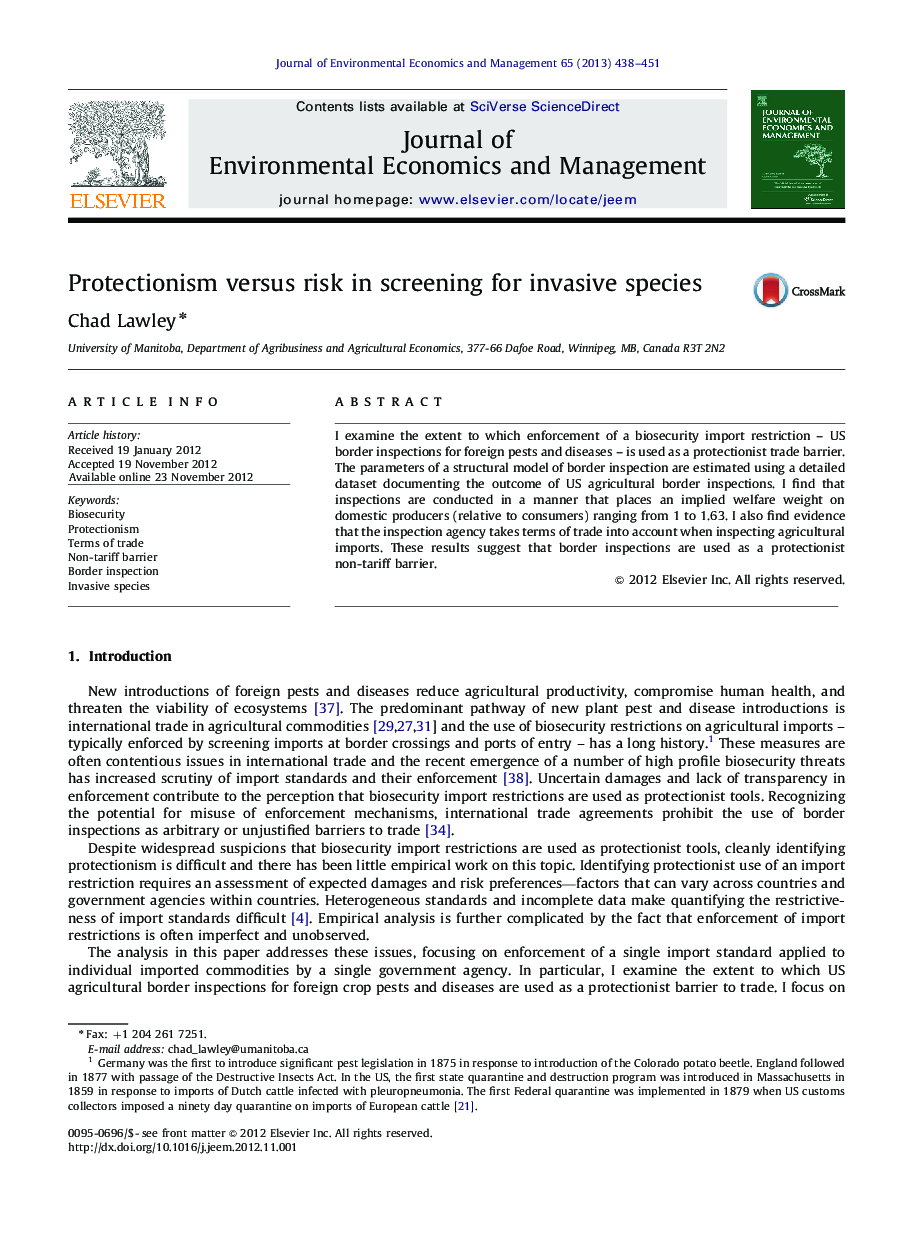 Protectionism versus risk in screening for invasive species