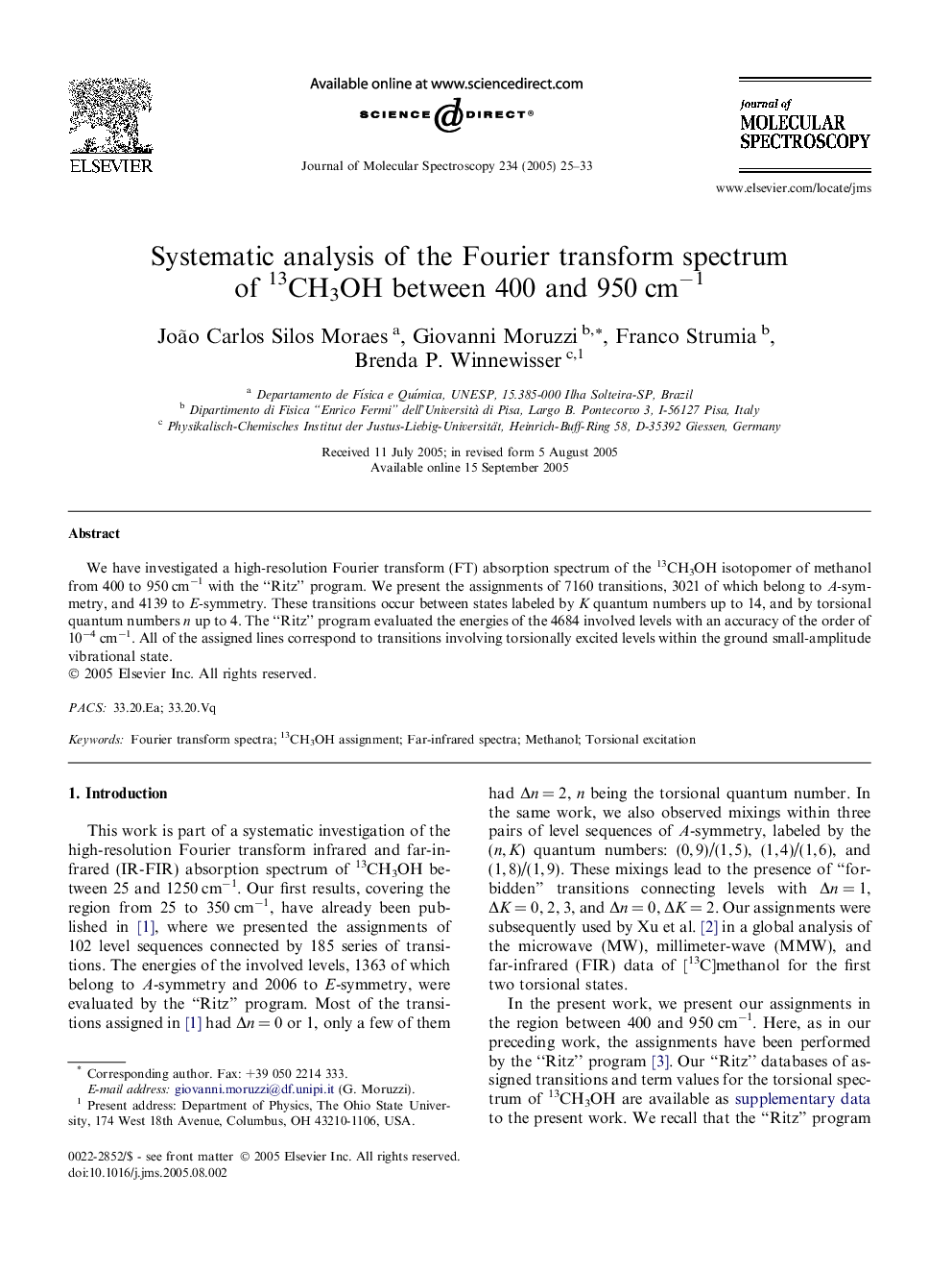 Systematic analysis of the Fourier transform spectrum of 13CH3OH between 400 and 950Â cmâ1