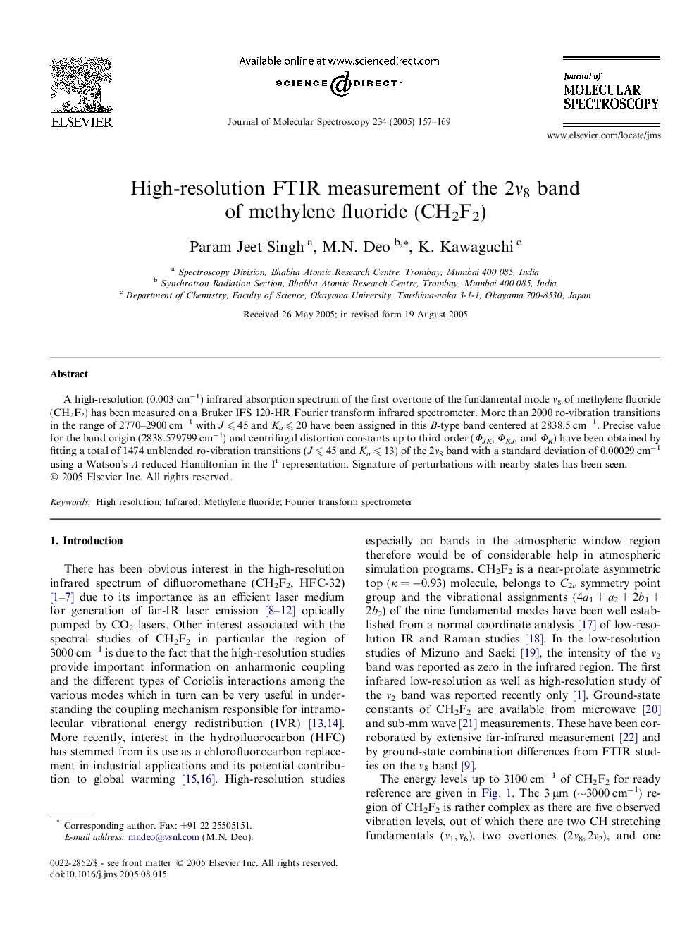 High-resolution FTIR measurement of the 2Î½8 band of methylene fluoride (CH2F2)