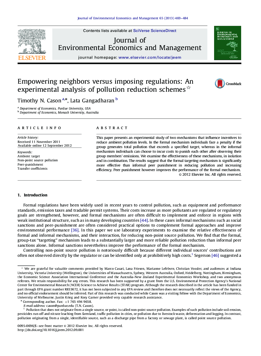 Empowering neighbors versus imposing regulations: An experimental analysis of pollution reduction schemes 