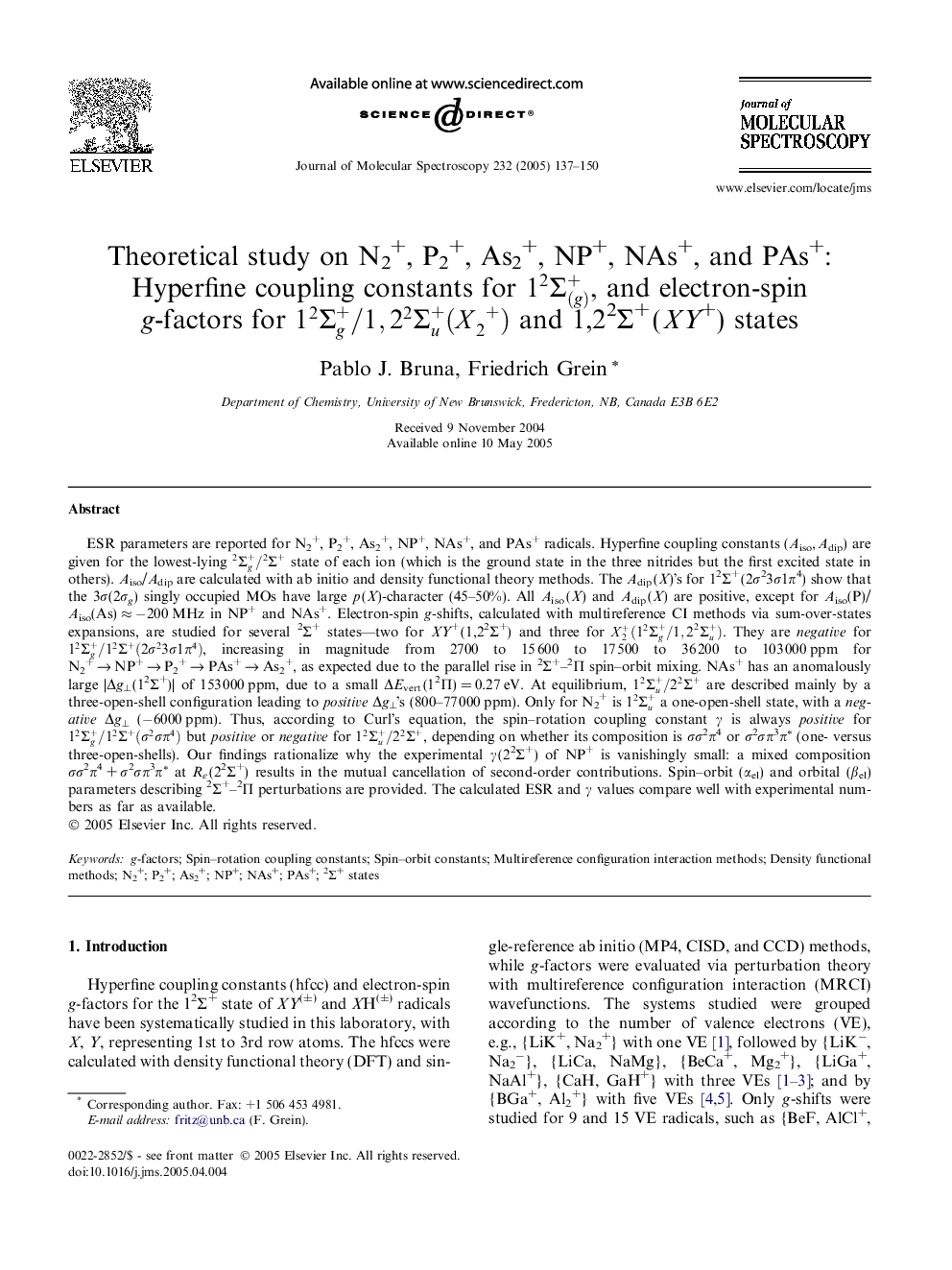 Theoretical study on N2+, P2+, As2+, NP+, NAs+, and PAs+: Hyperfine coupling constants for 12Î£(g)+, and electron-spin g-factors for 12Î£g+/1,22Î£u+(X2+) and 1,22Î£+Â (XY+) states