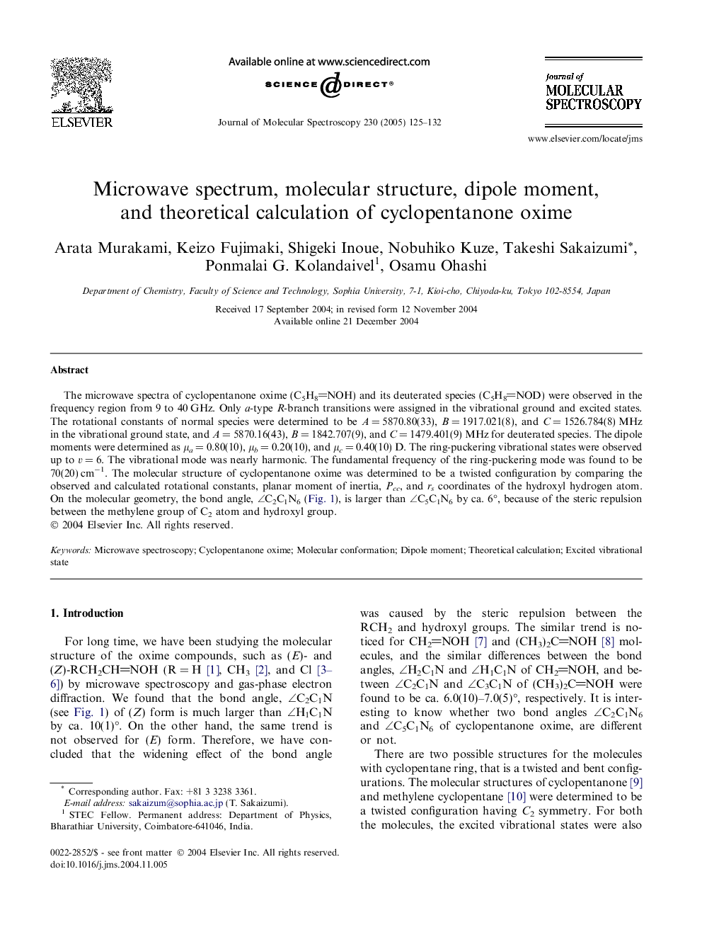 Microwave spectrum, molecular structure, dipole moment, and theoretical calculation of cyclopentanone oxime