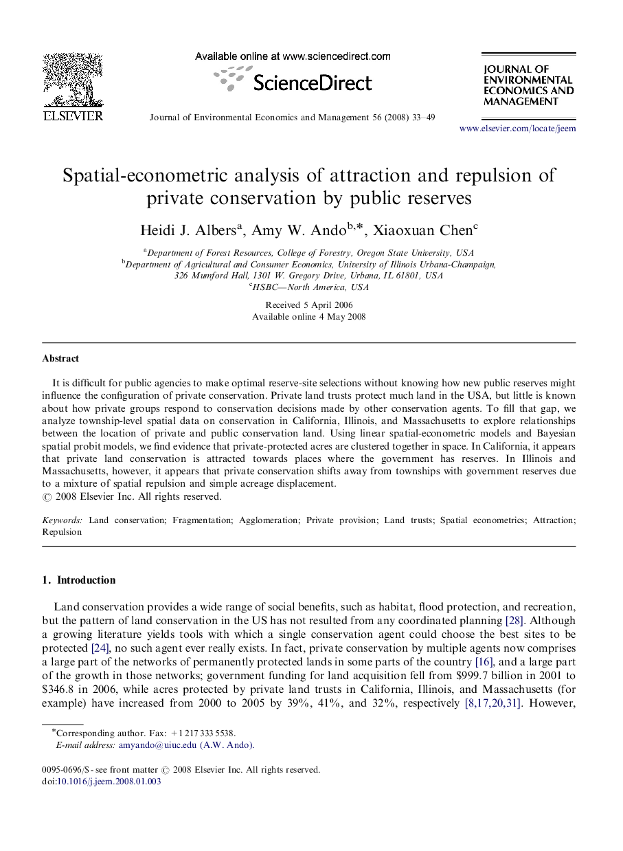 Spatial-econometric analysis of attraction and repulsion of private conservation by public reserves