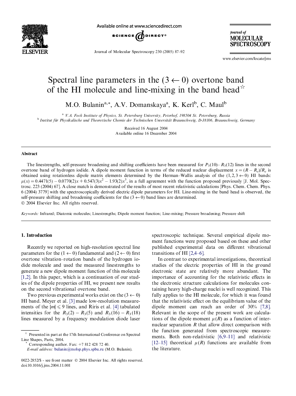 Spectral line parameters in the (3Â âÂ 0) overtone band of the HI molecule and line-mixing in the band head