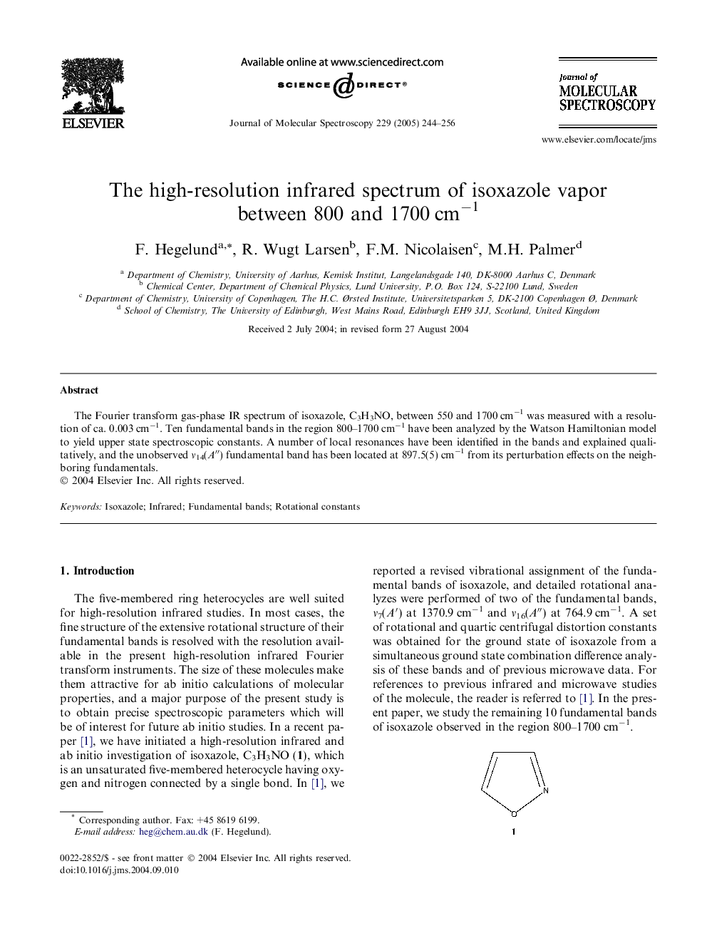 The high-resolution infrared spectrum of isoxazole vapor between 800 and 1700Â cmâ1