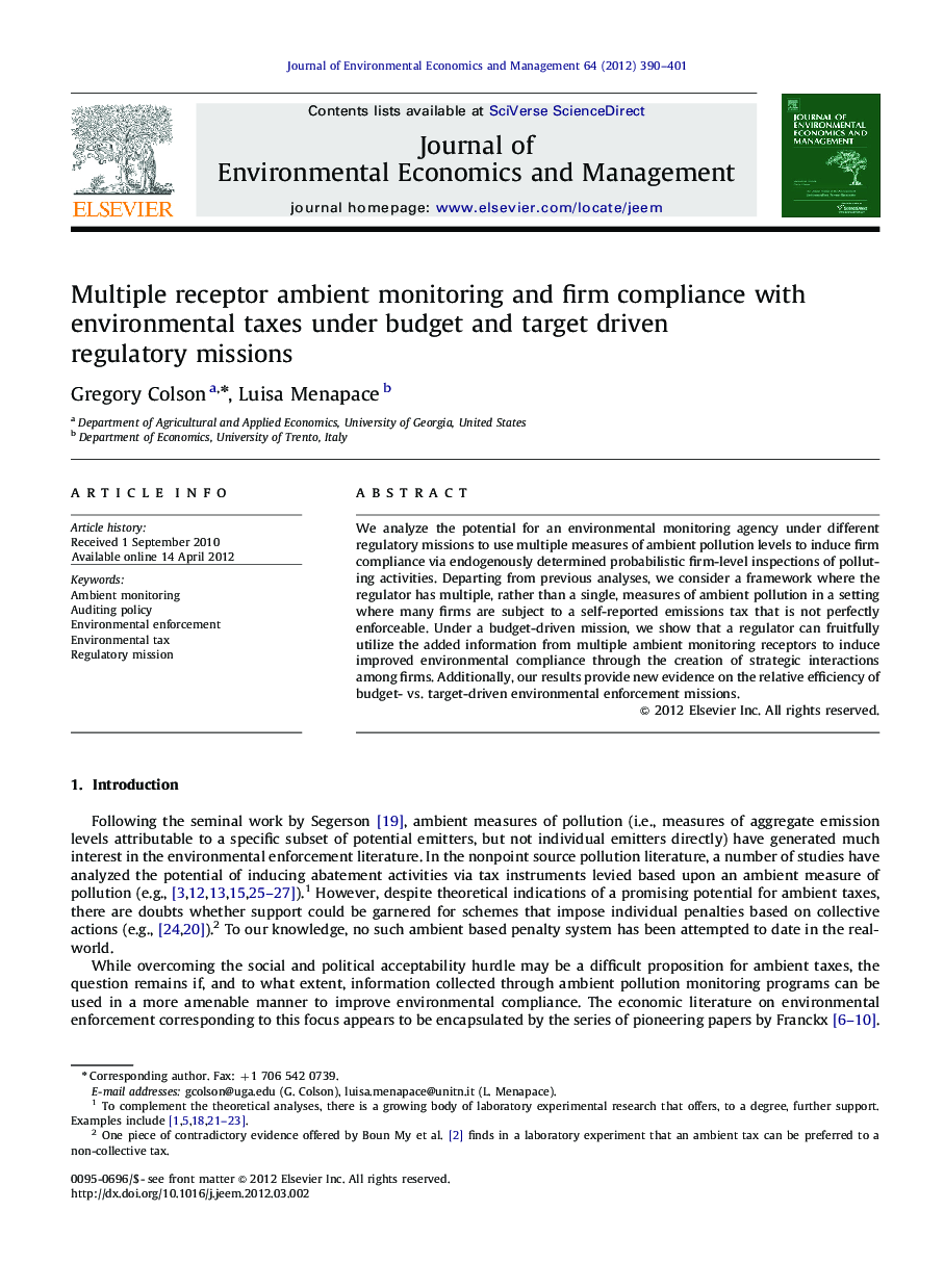 Multiple receptor ambient monitoring and firm compliance with environmental taxes under budget and target driven regulatory missions