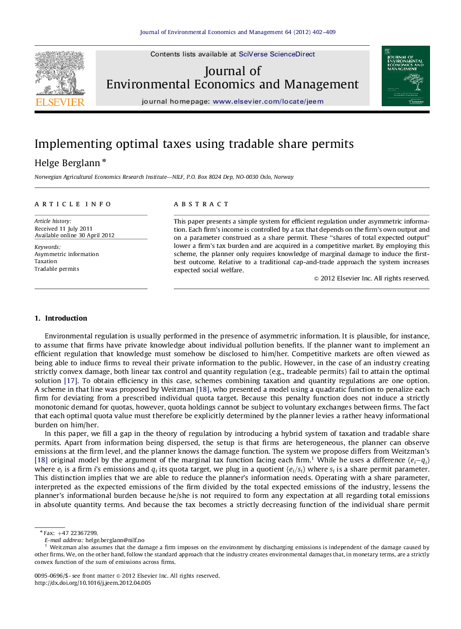 Implementing optimal taxes using tradable share permits