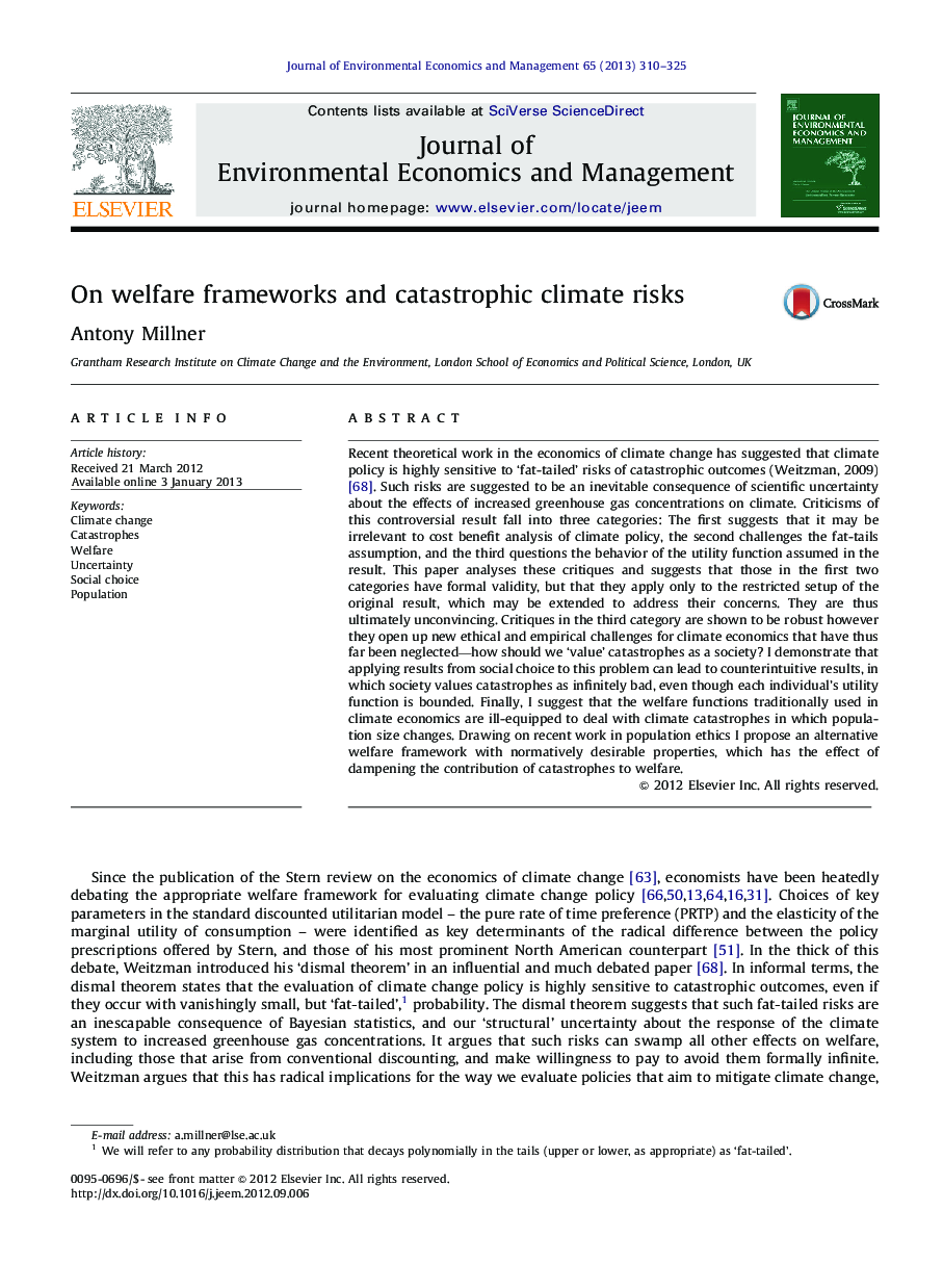 On welfare frameworks and catastrophic climate risks