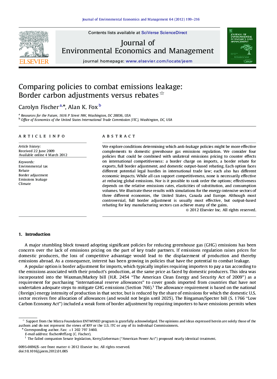 Comparing policies to combat emissions leakage: Border carbon adjustments versus rebates 