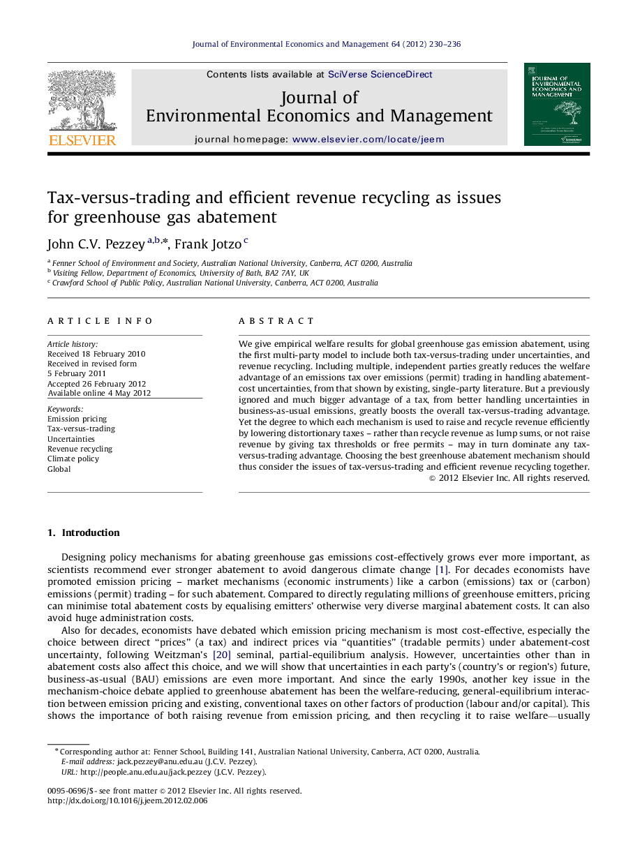 Tax-versus-trading and efficient revenue recycling as issues for greenhouse gas abatement