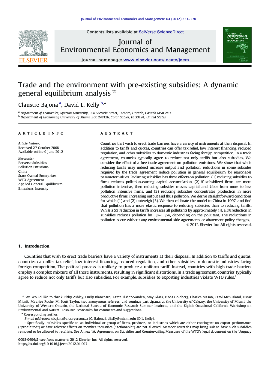 Trade and the environment with pre-existing subsidies: A dynamic general equilibrium analysis 