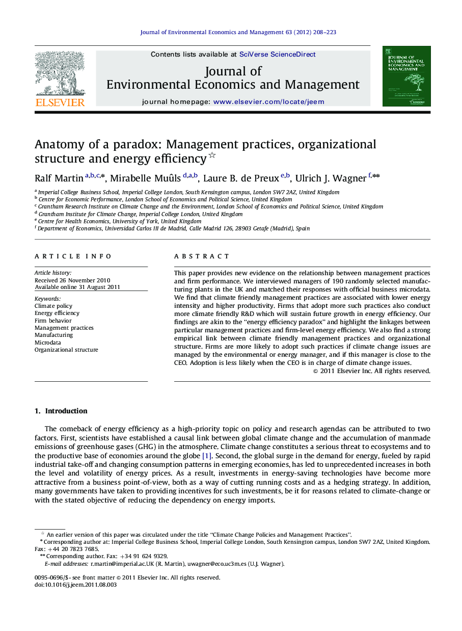 Anatomy of a paradox: Management practices, organizational structure and energy efficiency 