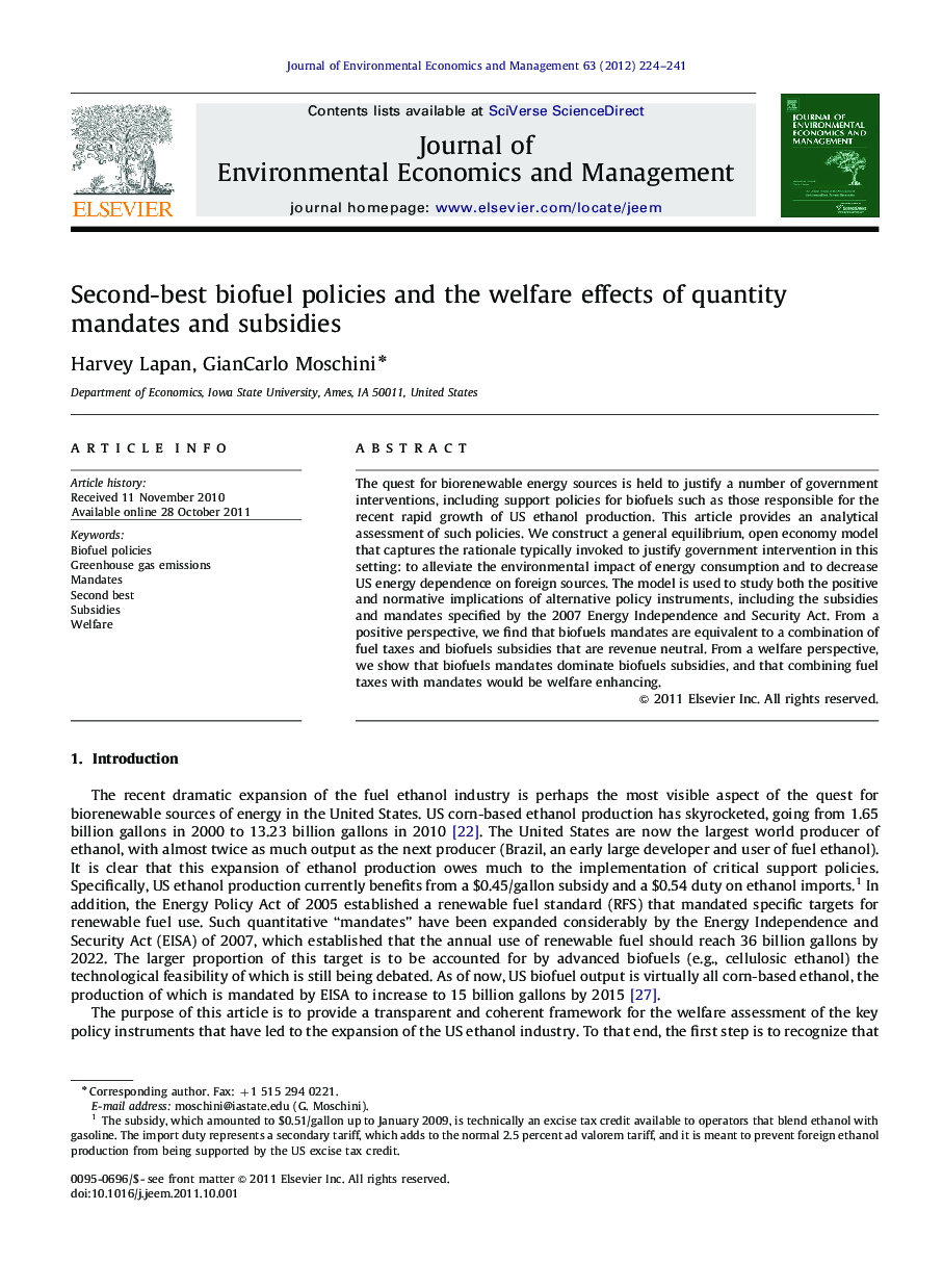 Second-best biofuel policies and the welfare effects of quantity mandates and subsidies
