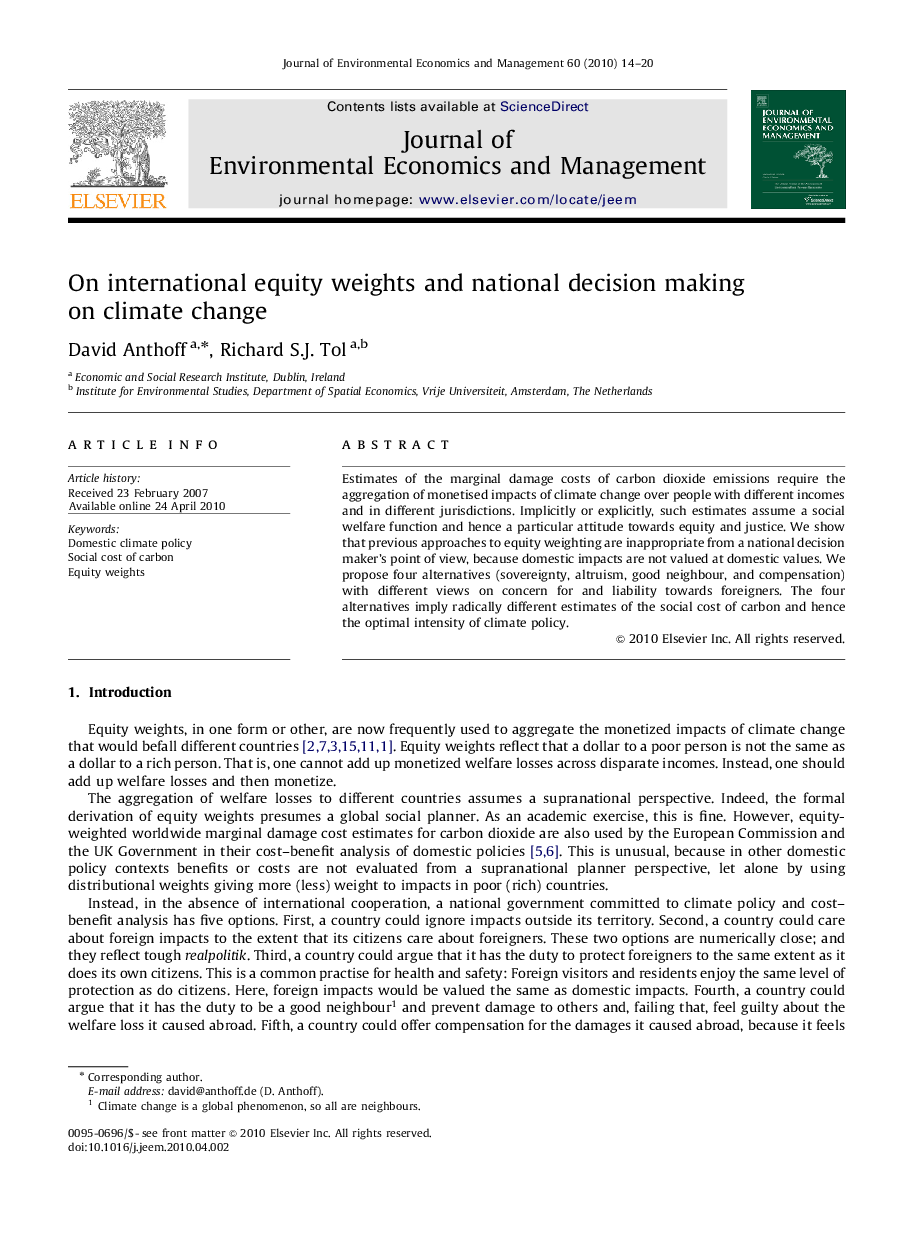 On international equity weights and national decision making on climate change