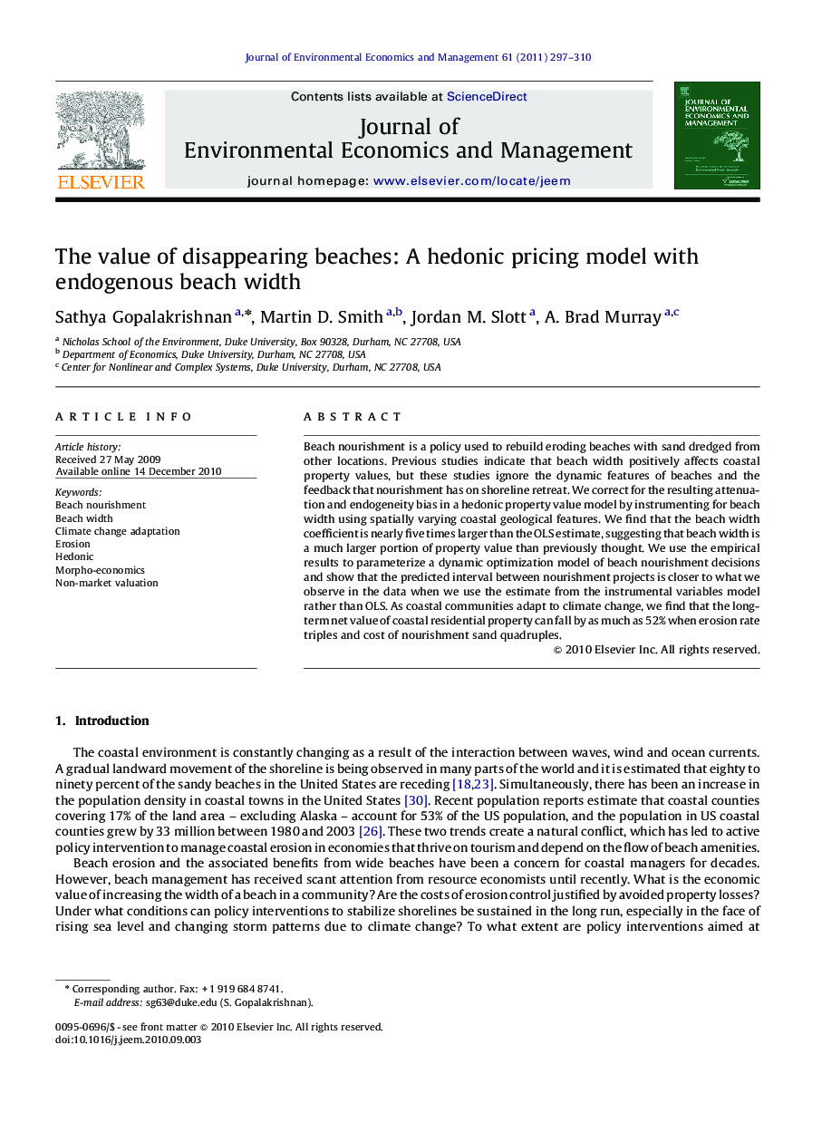 The value of disappearing beaches: A hedonic pricing model with endogenous beach width