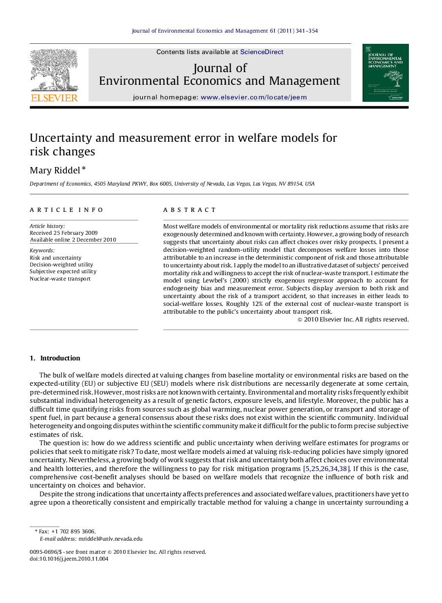 Uncertainty and measurement error in welfare models for risk changes