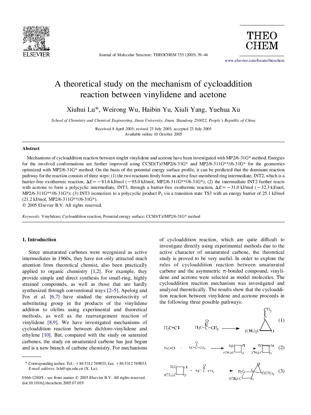 A theoretical study on the mechanism of cycloaddition reaction between vinylidene and acetone