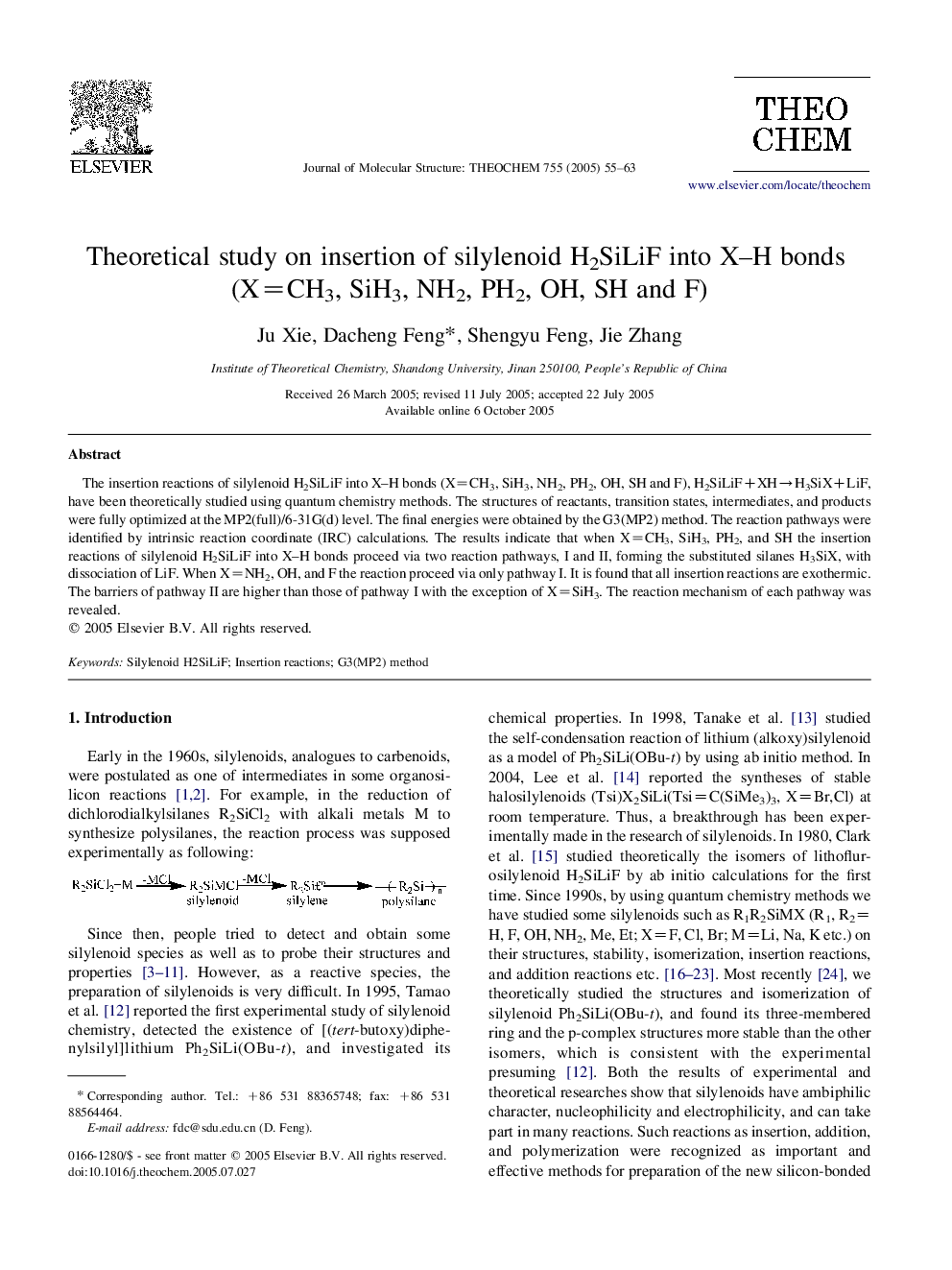 Theoretical study on insertion of silylenoid H2SiLiF into X-H bonds (X=CH3, SiH3, NH2, PH2, OH, SH and F)