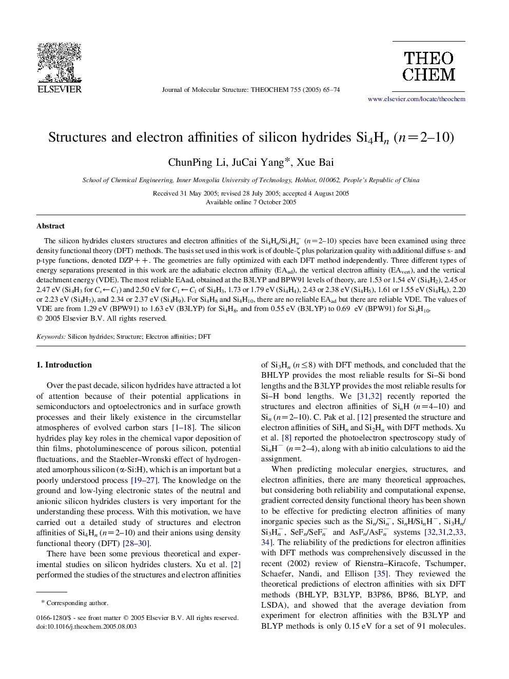 Structures and electron affinities of silicon hydrides Si4Hn (n=2-10)