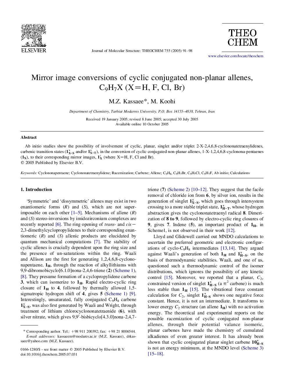 Mirror image conversions of cyclic conjugated non-planar allenes, C9H7X (X=H, F, Cl, Br)