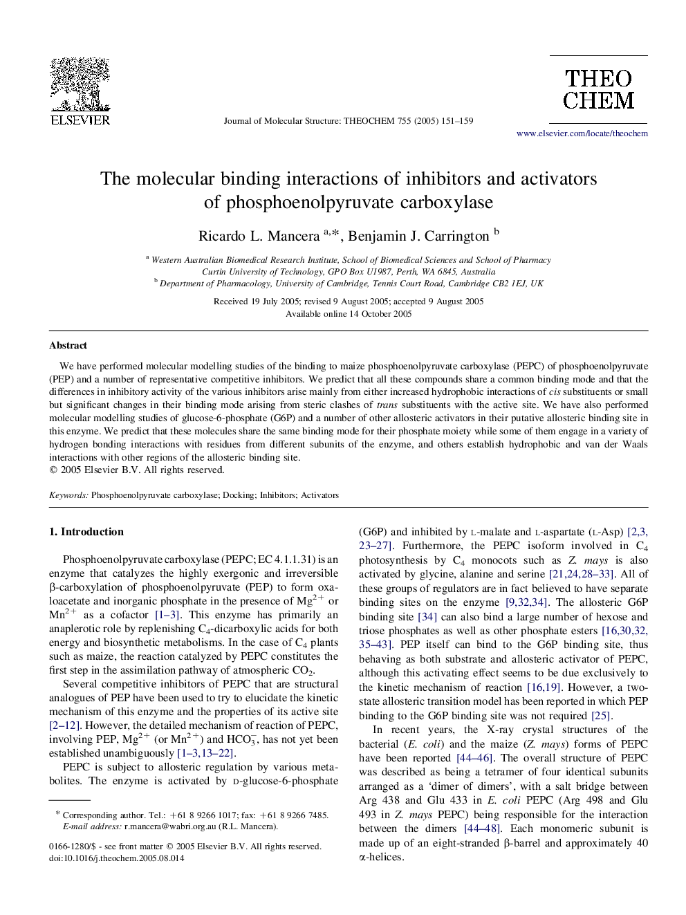 The molecular binding interactions of inhibitors and activators of phosphoenolpyruvate carboxylase