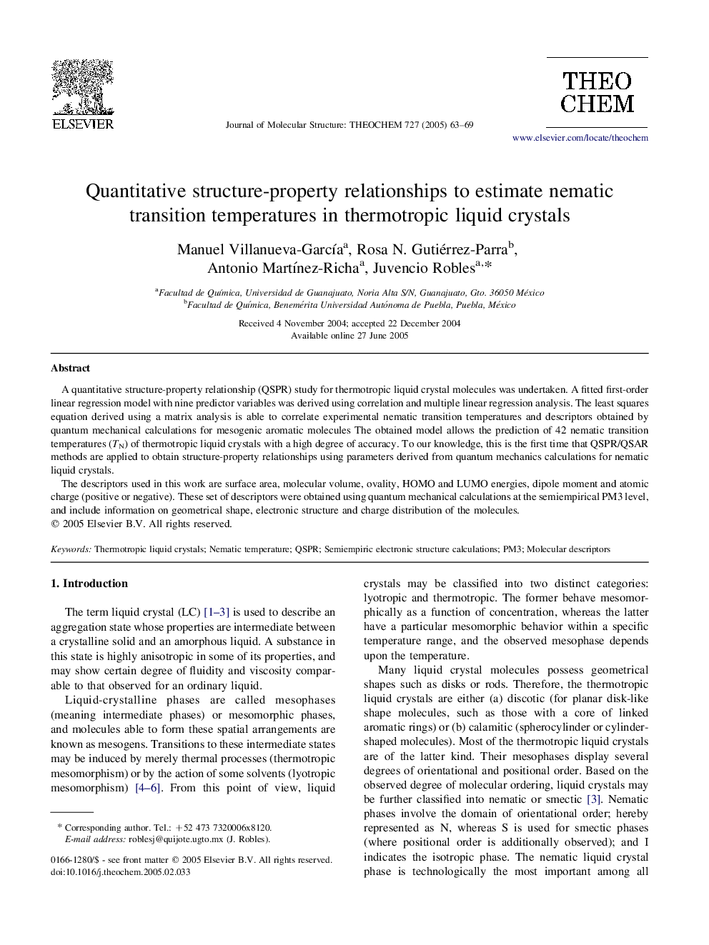 Quantitative structure-property relationships to estimate nematic transition temperatures in thermotropic liquid crystals