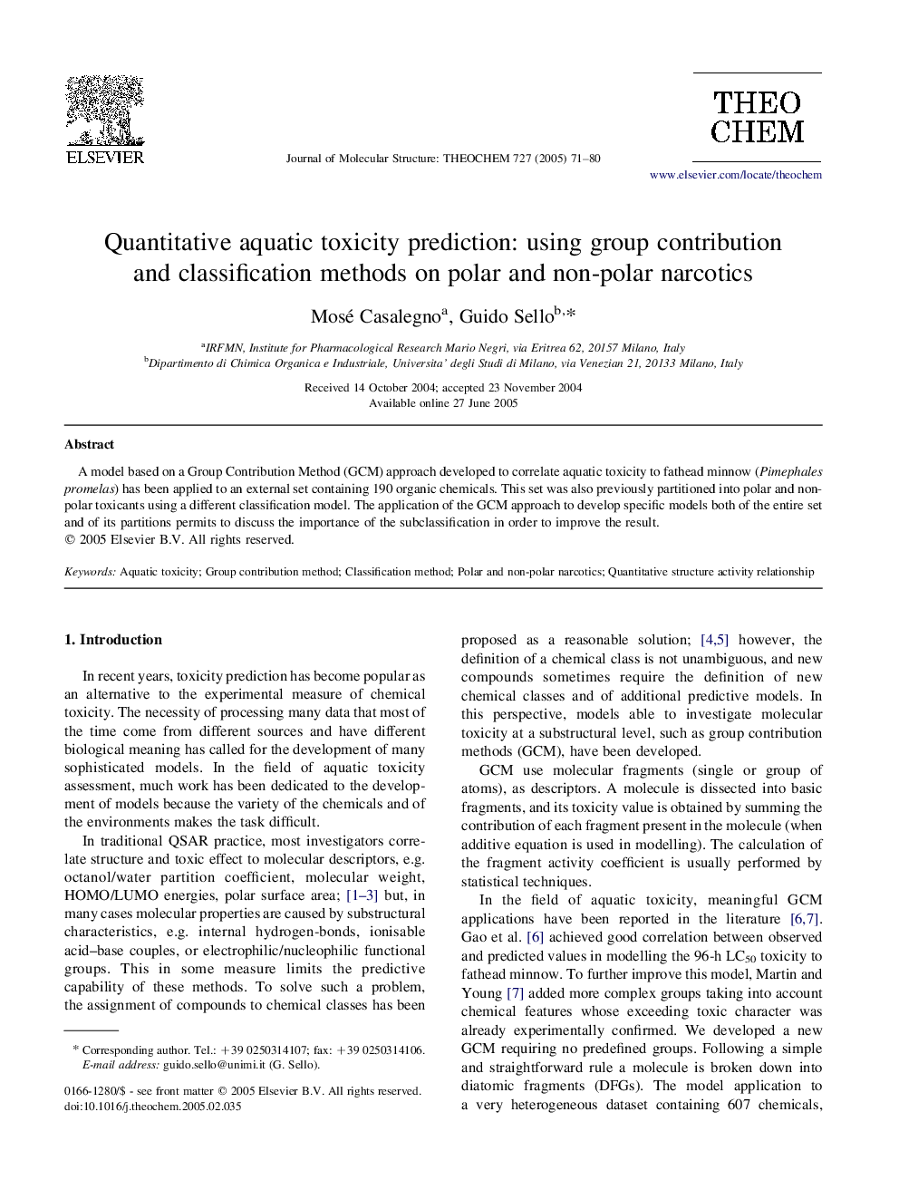 Quantitative aquatic toxicity prediction: using group contribution and classification methods on polar and non-polar narcotics