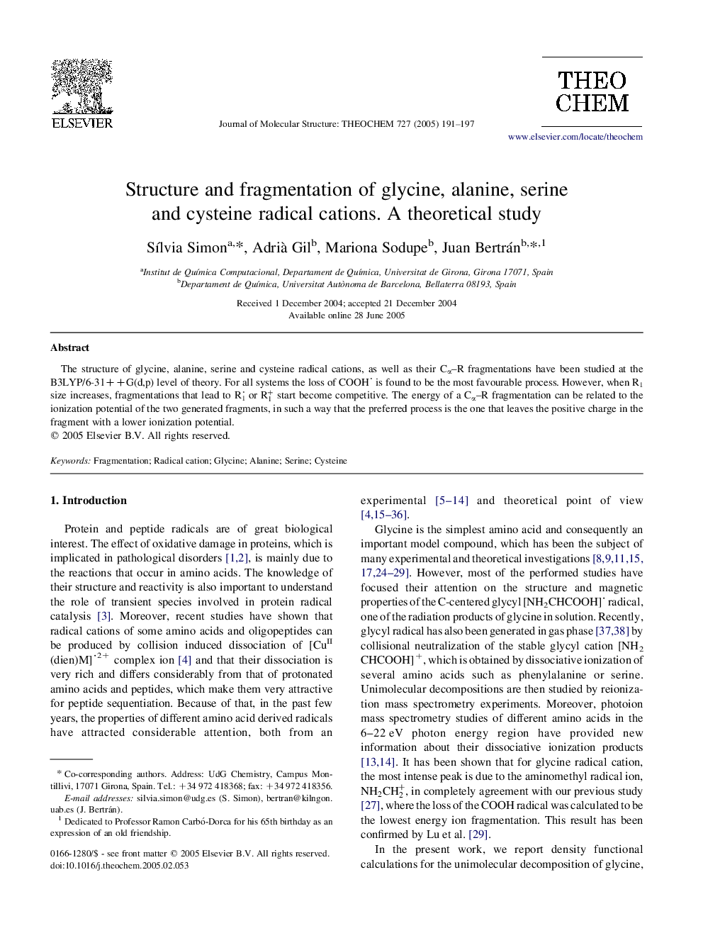 Structure and fragmentation of glycine, alanine, serine and cysteine radical cations. A theoretical study