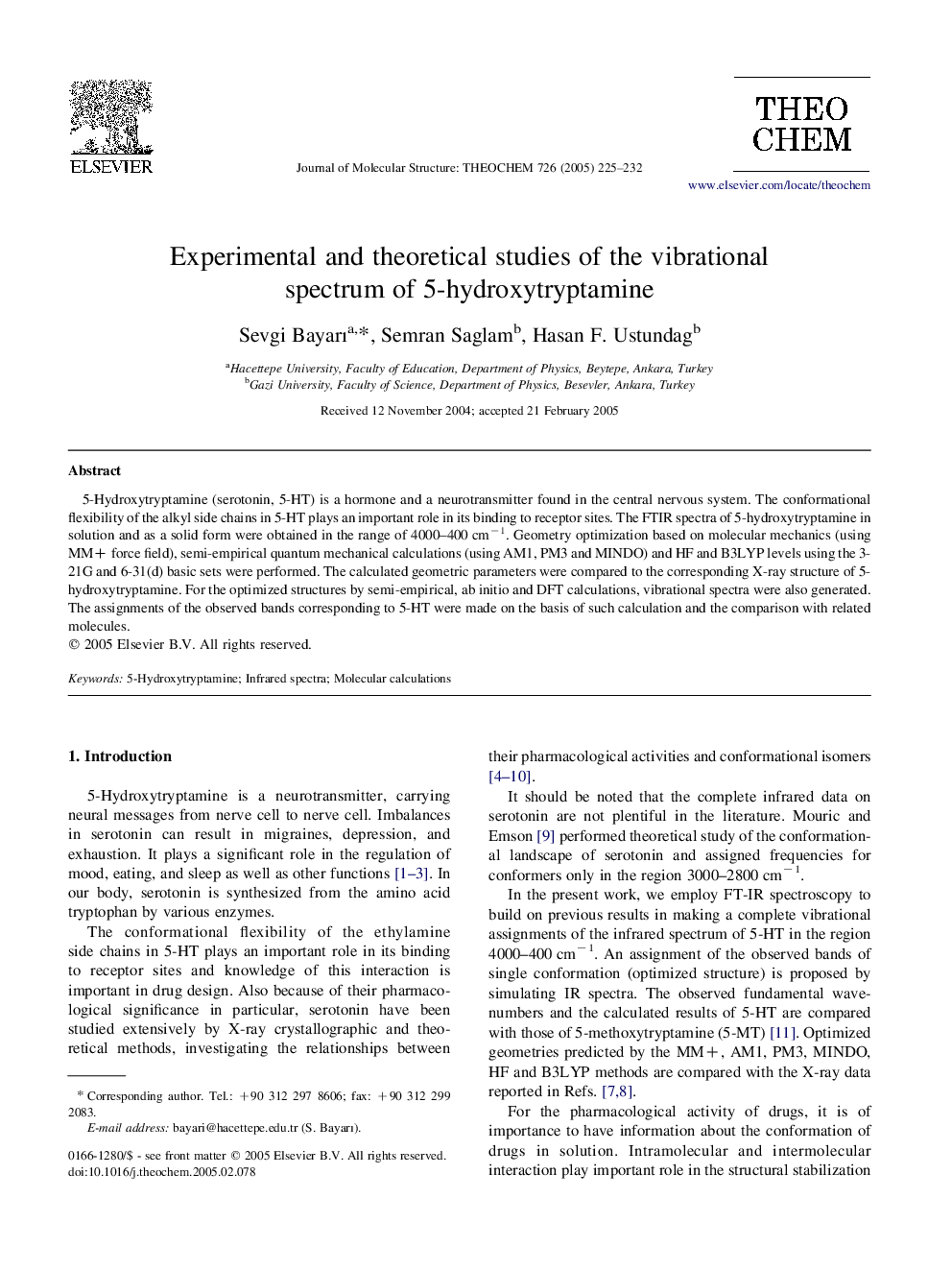 Experimental and theoretical studies of the vibrational spectrum of 5-hydroxytryptamine