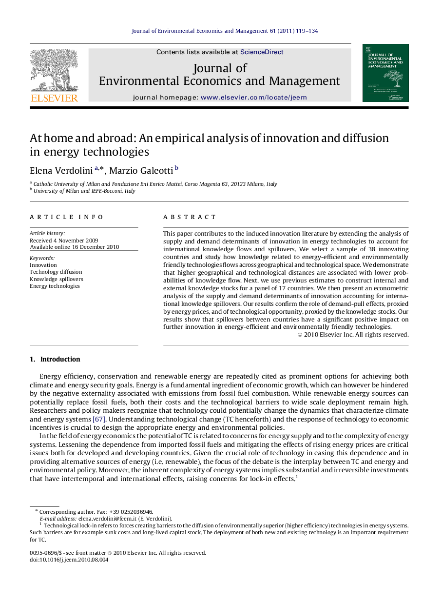 At home and abroad: An empirical analysis of innovation and diffusion in energy technologies