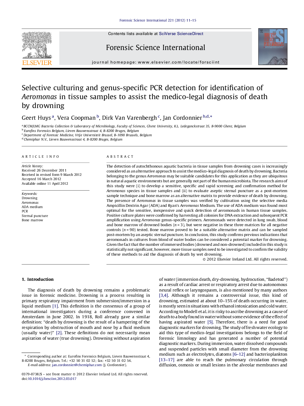 Selective culturing and genus-specific PCR detection for identification of Aeromonas in tissue samples to assist the medico-legal diagnosis of death by drowning