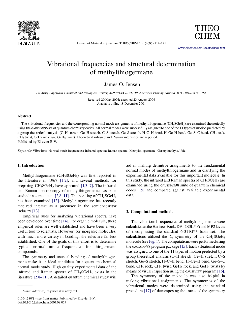 Vibrational frequencies and structural determination of methylthiogermane