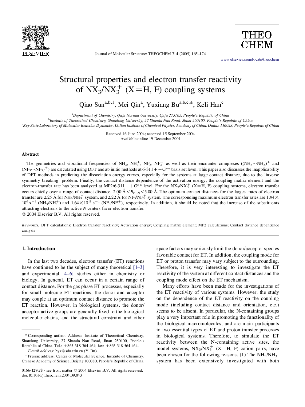 Structural properties and electron transfer reactivity of NX3/NX3+ (X=H, F) coupling systems