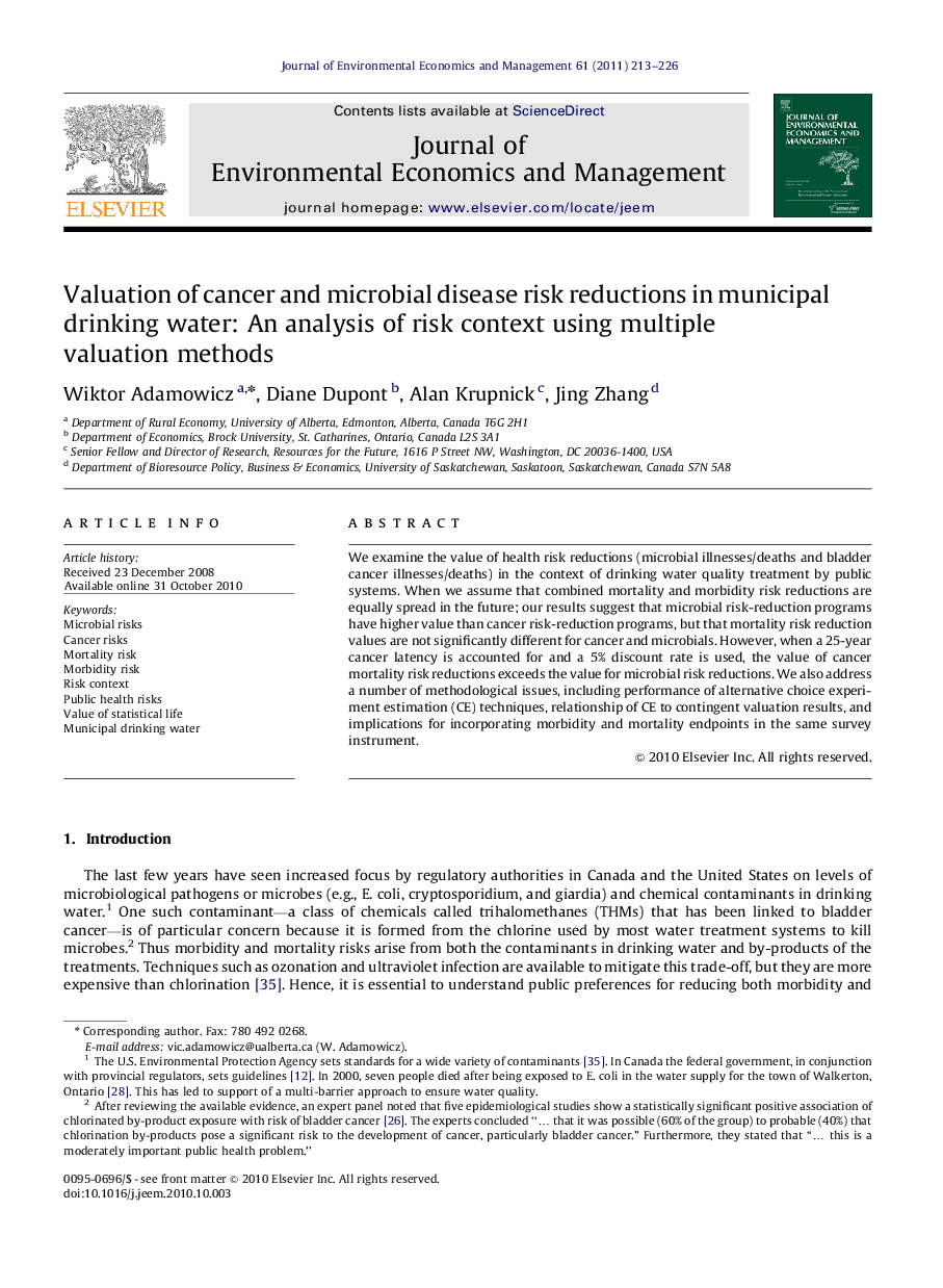 Valuation of cancer and microbial disease risk reductions in municipal drinking water: An analysis of risk context using multiple valuation methods