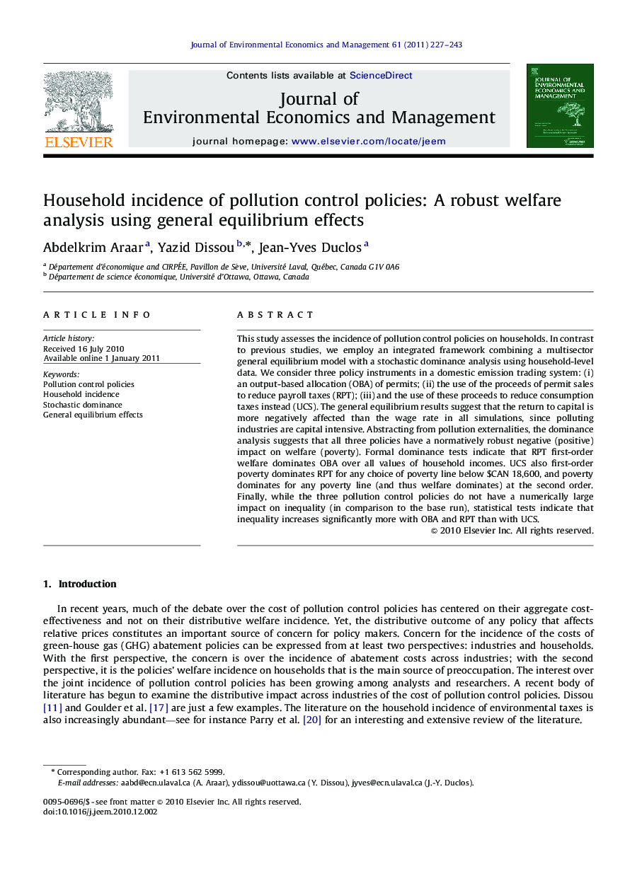 Household incidence of pollution control policies: A robust welfare analysis using general equilibrium effects