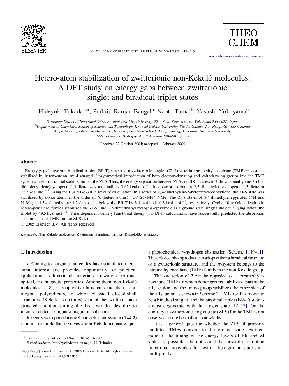 Hetero-atom stabilization of zwitterionic non-Kekulé molecules: A DFT study on energy gaps between zwitterionic singlet and biradical triplet states