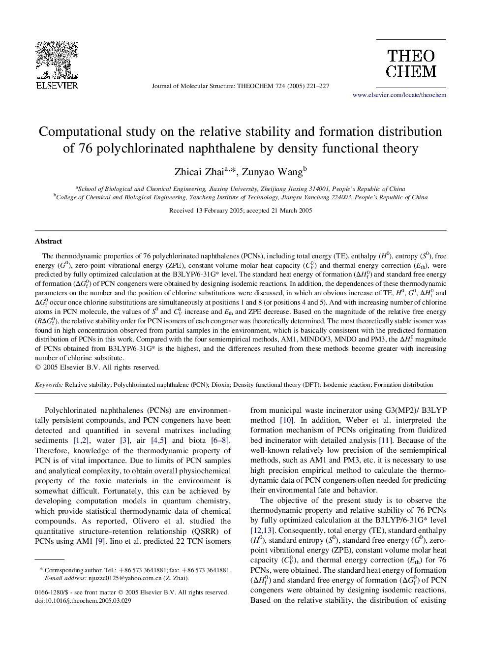 Computational study on the relative stability and formation distribution of 76 polychlorinated naphthalene by density functional theory
