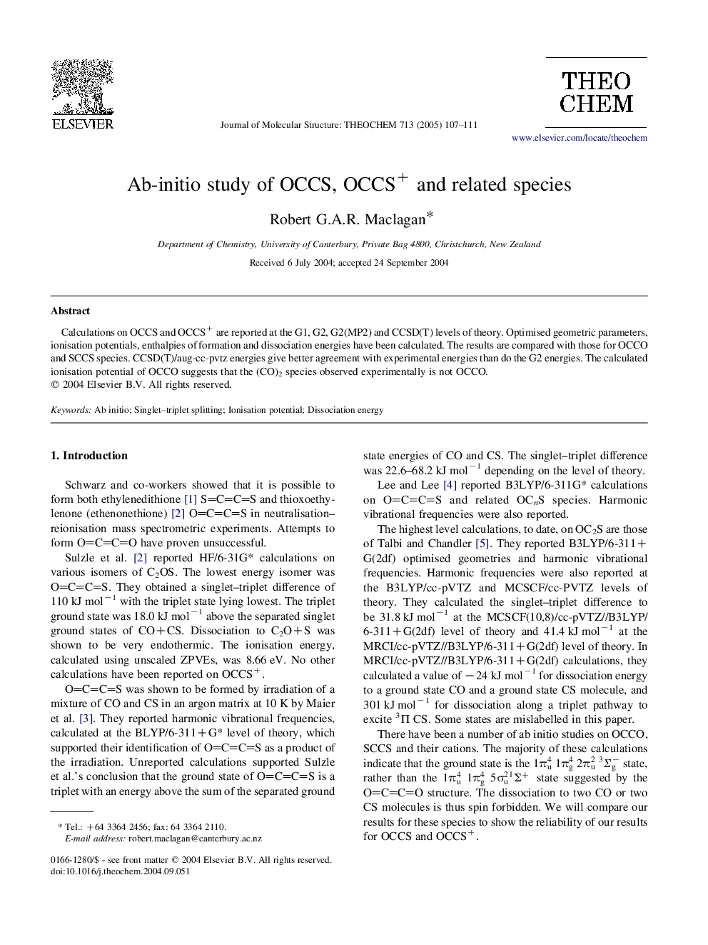 Ab-initio study of OCCS, OCCS+ and related species