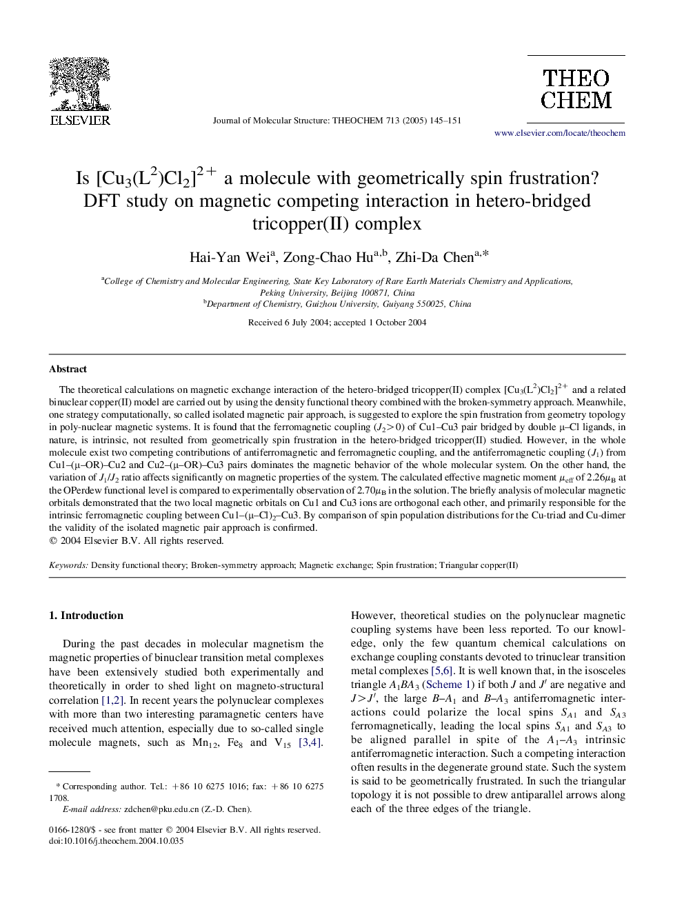 Is [Cu3(L2)Cl2]2+ a molecule with geometrically spin frustration? DFT study on magnetic competing interaction in hetero-bridged tricopper(II) complex