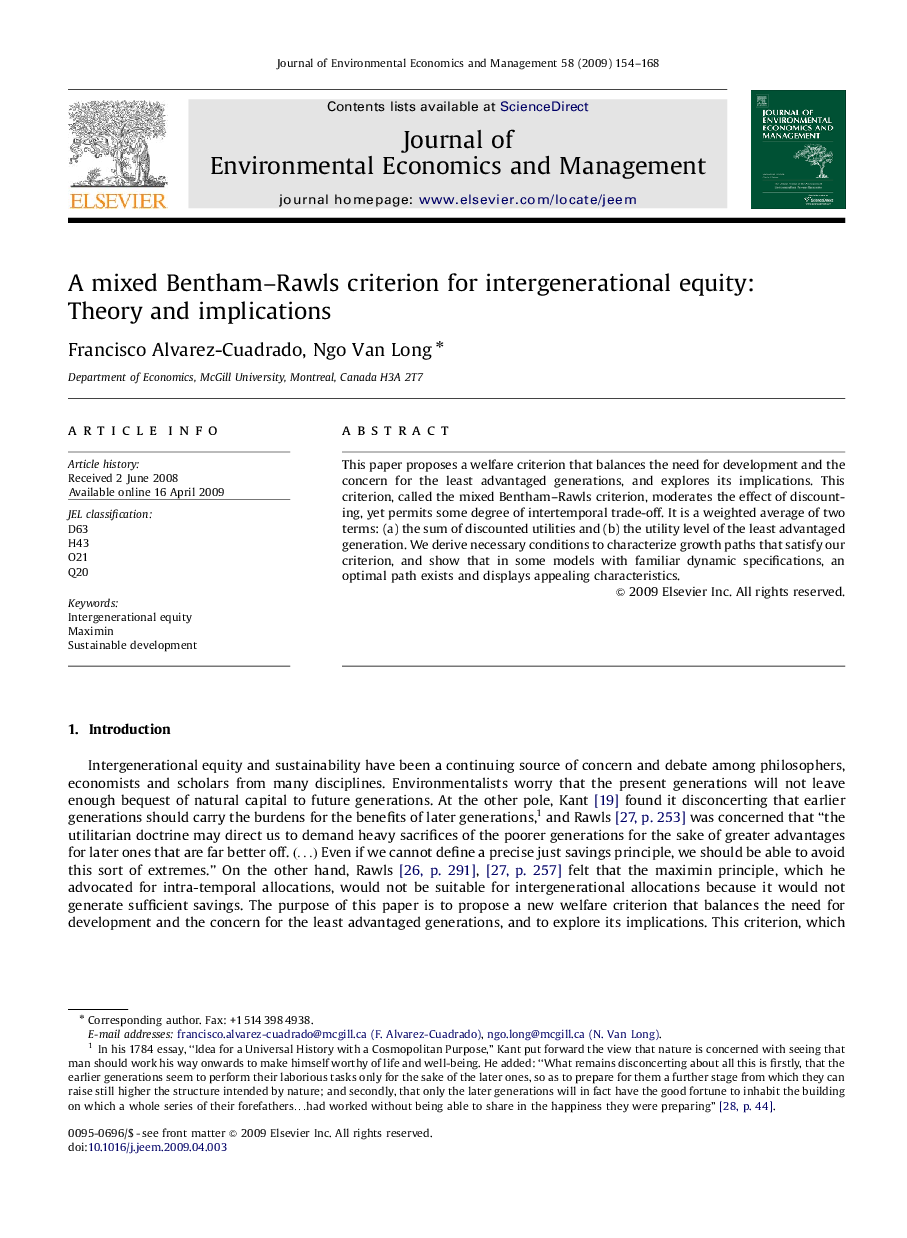 A mixed Bentham–Rawls criterion for intergenerational equity: Theory and implications