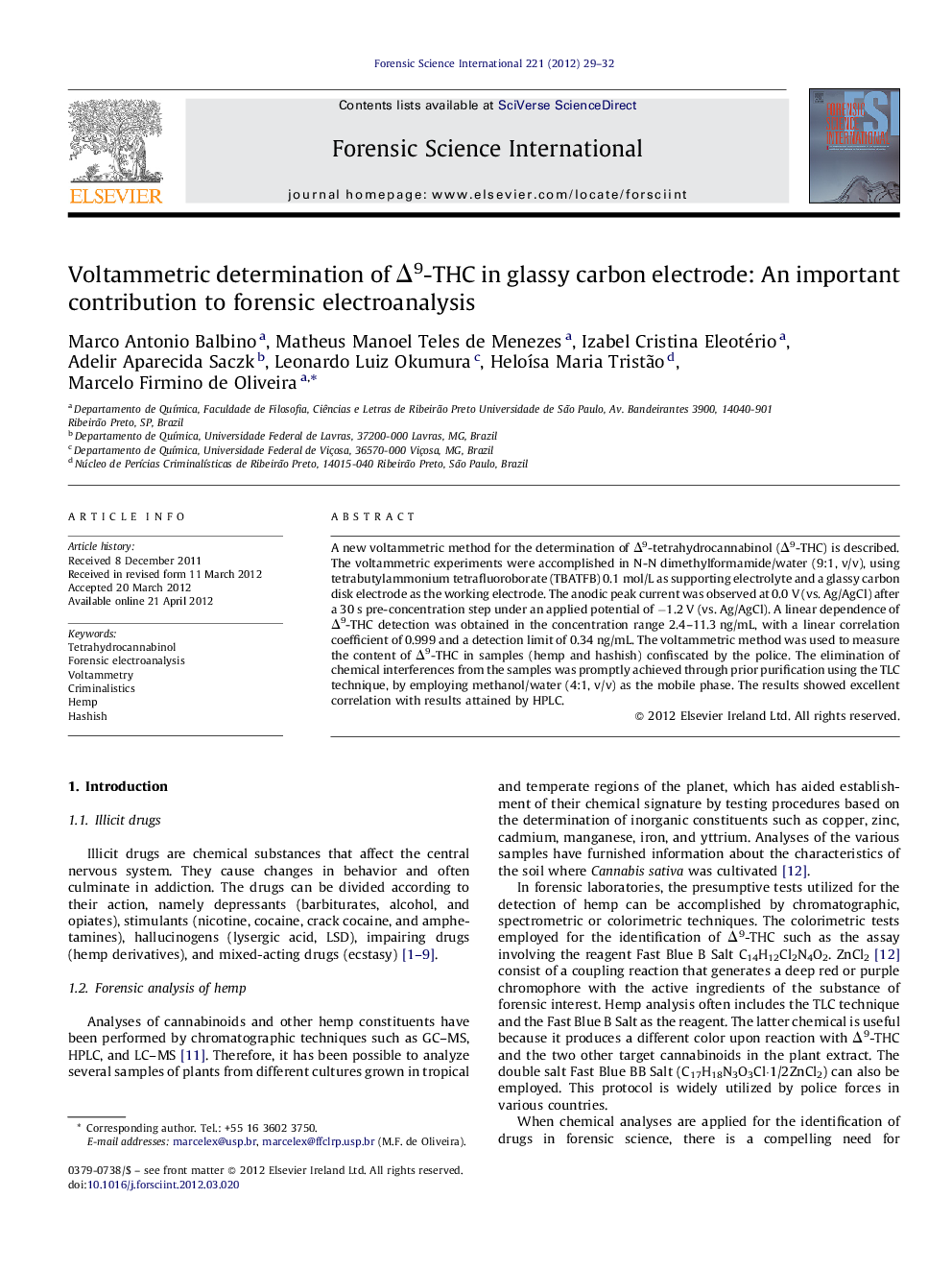 Voltammetric determination of Δ9-THC in glassy carbon electrode: An important contribution to forensic electroanalysis