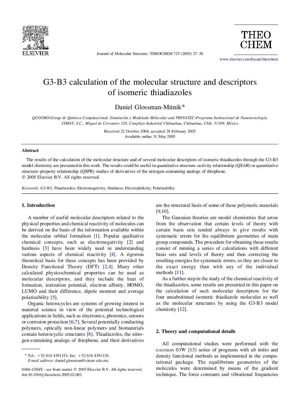 G3-B3 calculation of the molecular structure and descriptors of isomeric thiadiazoles