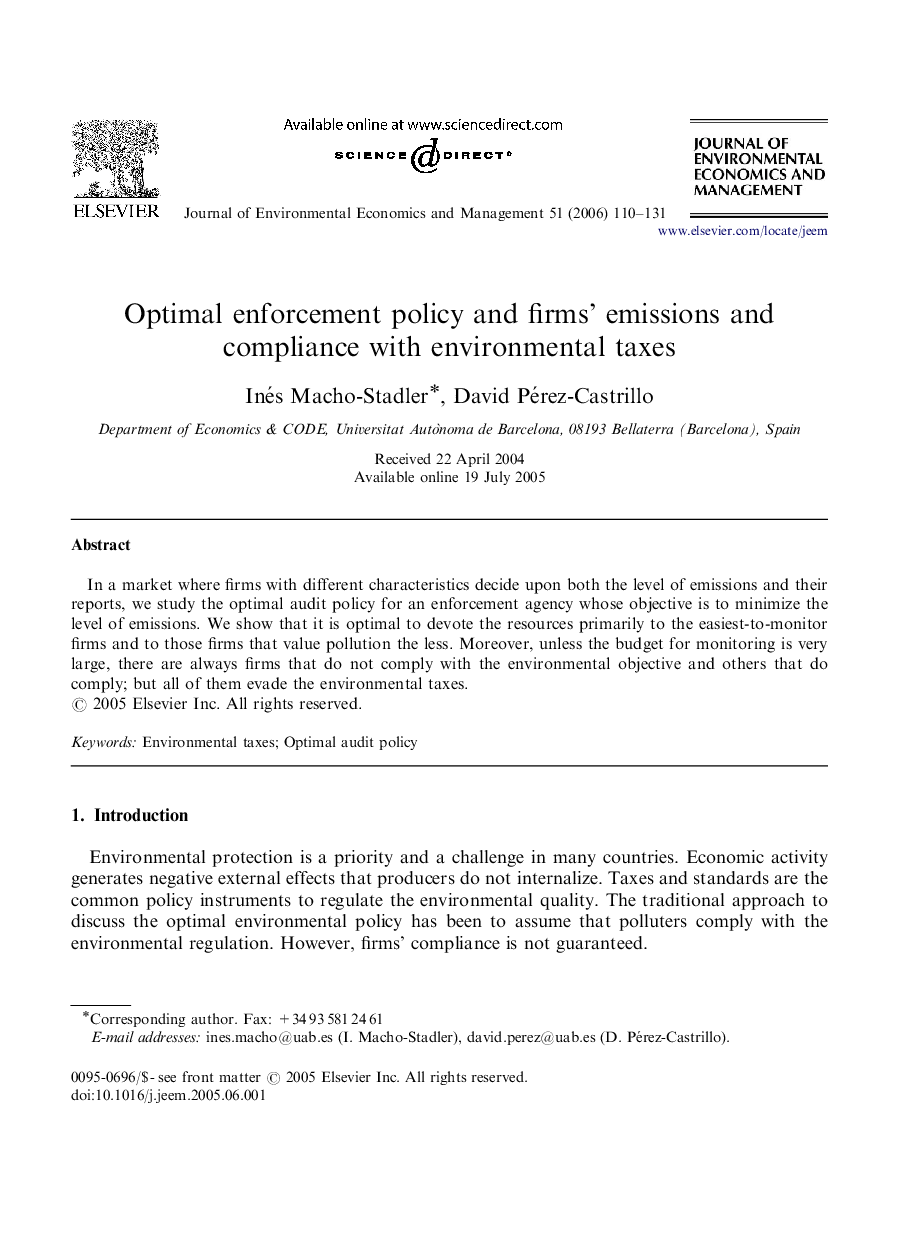 Optimal enforcement policy and firms’ emissions and compliance with environmental taxes